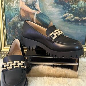 ANTONIO MELANI Black Platform Loafers with Gold Chain